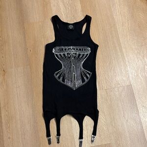 Black Graphic Corset-Print Tank Top with Garter Straps